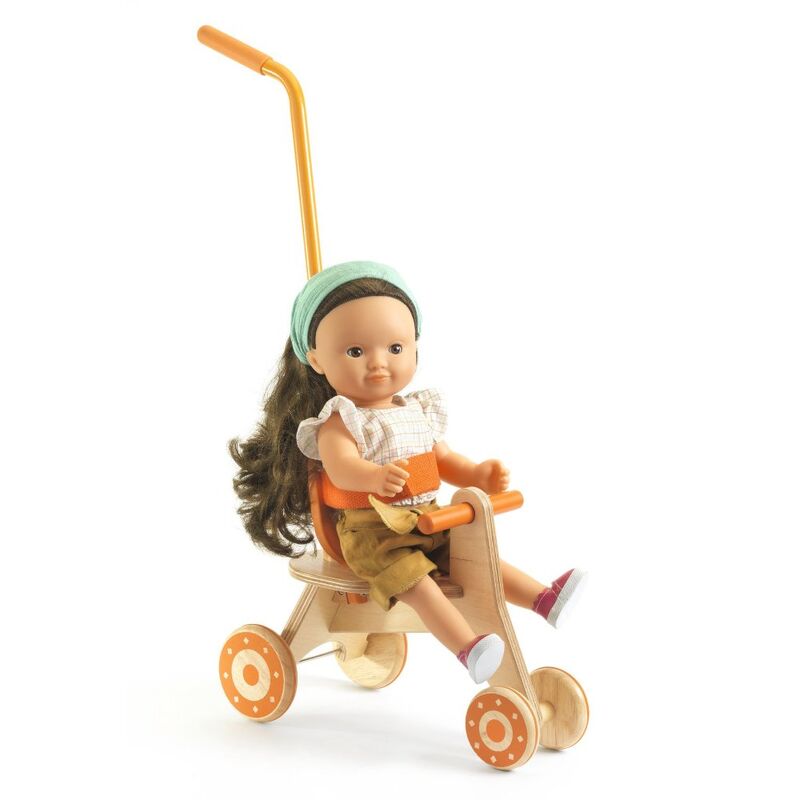 Doll with a wooden toy cart on a white background