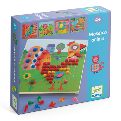 Box of a children's mosaic art kit by Djeco with colorful animal-themed pieces.