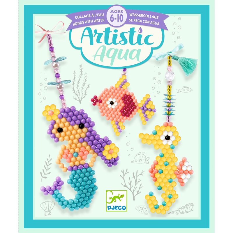 Artistic Aqua craft kit packaging with mermaid and seahorse designs on a blue border.