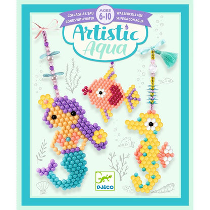 Artistic Aqua craft kit packaging with mermaid and seahorse designs on a blue border.