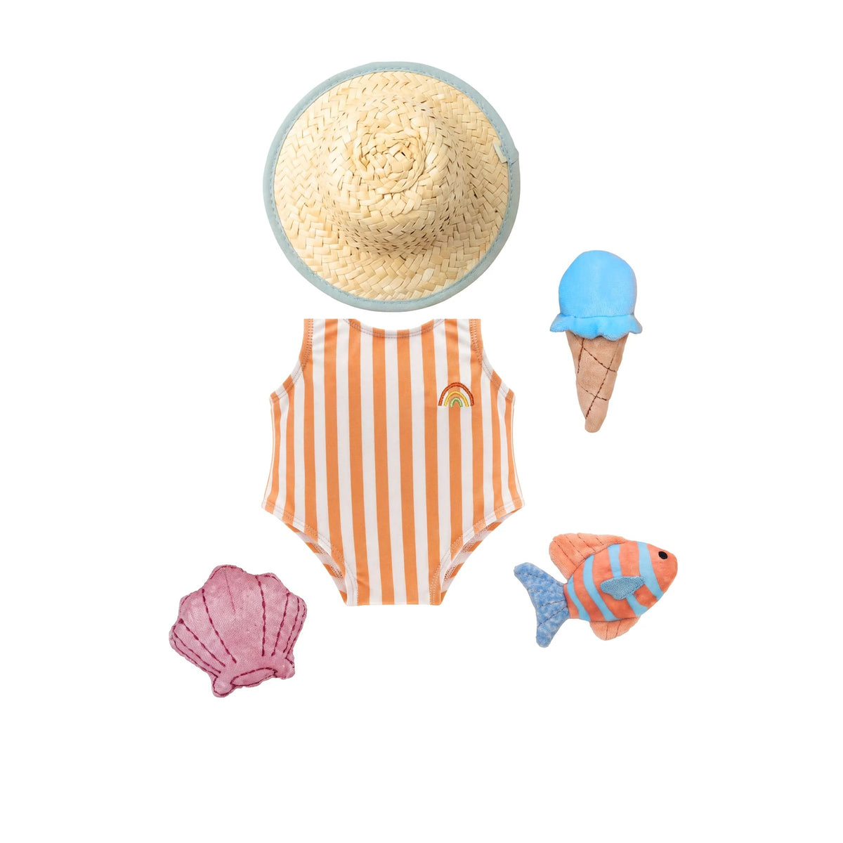 A children's summer outfit set on a plain white background, including a straw sun hat with a blue brim, an orange and white striped one-piece swimsuit with a small rainbow patch, a blue ice cream cone toy, a pink seashell toy, and a blue and orange striped fish toy.
