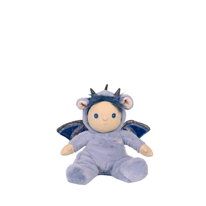 A small plush doll with a pale blue body, cream face and hands, dark blue hair, and small wings, seated against a plain white background.