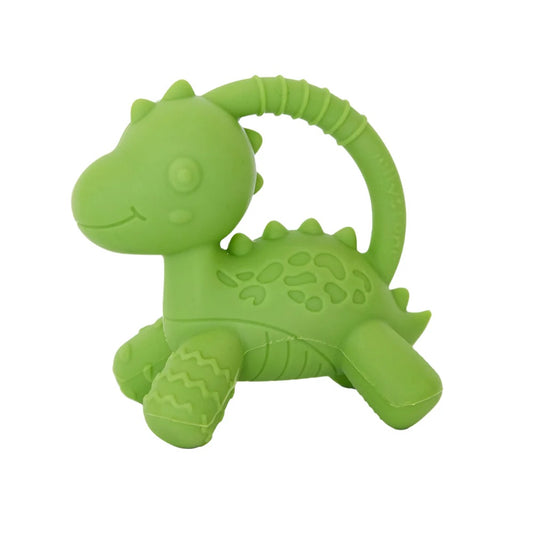 Green dinosaur-shaped teething toy on a white background
