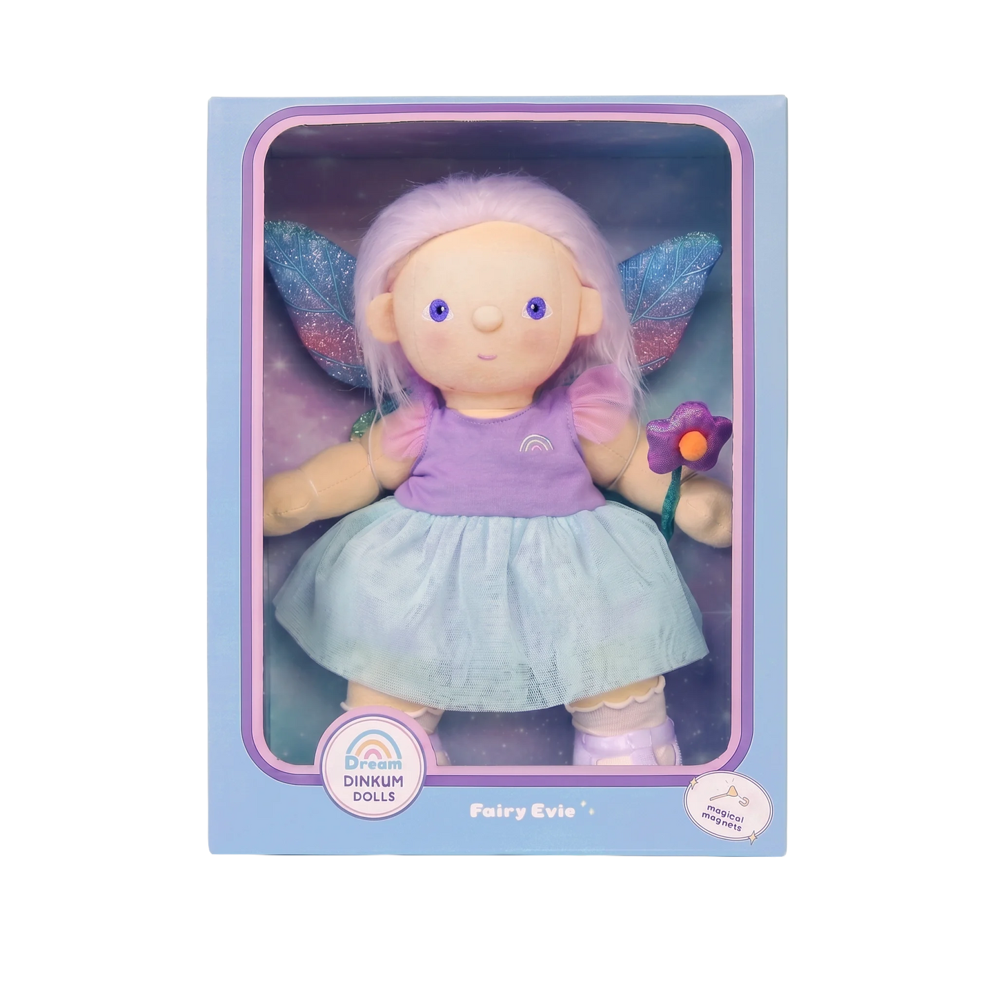 Fairy-themed doll in a purple and blue box packaging