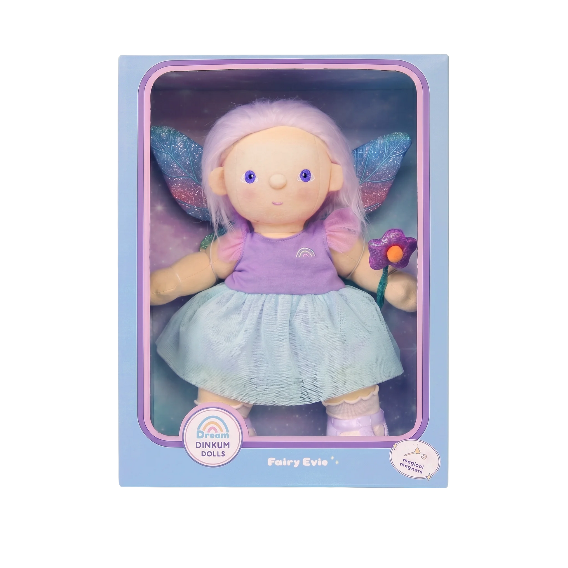 Fairy-themed doll in a purple and blue box packaging