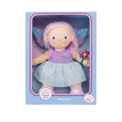 Fairy-themed doll in a purple and blue box packaging