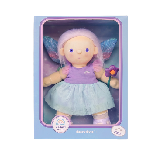 Fairy-themed doll in a purple and blue box packaging