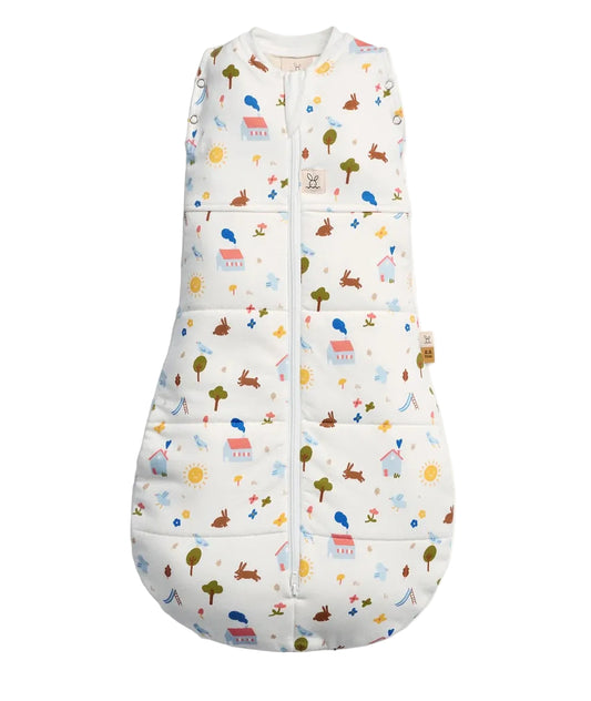 Baby sleeping bag with colorful patterns on a white background
