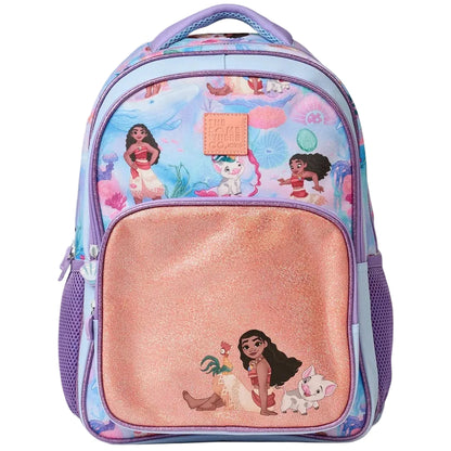A Disney-themed school backpack featuring Moana and other characters printed across a pastel blue and purple background, with a large glittery peach-pink front pocket and purple side mesh pockets.