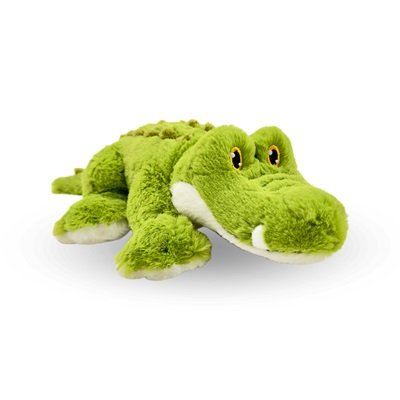 Green plush alligator toy on a white background