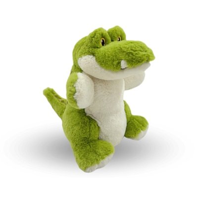 Green plush toy alligator on a white background