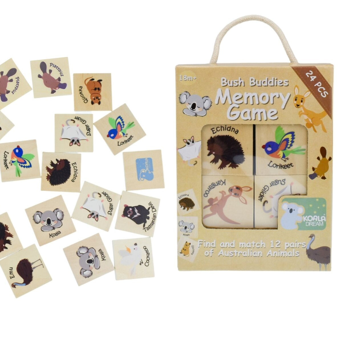 Wooden memory game with animal illustrations and packaging on a white background