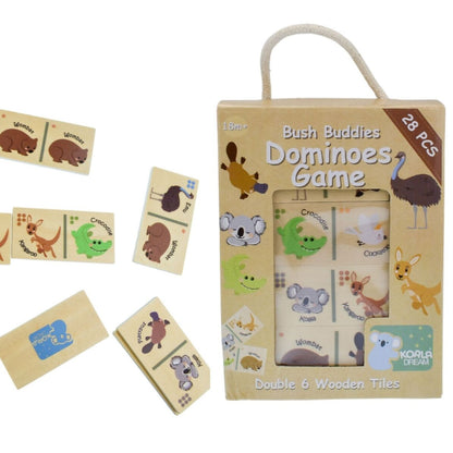 Wooden dominoes game with animal illustrations and packaging on a white background
