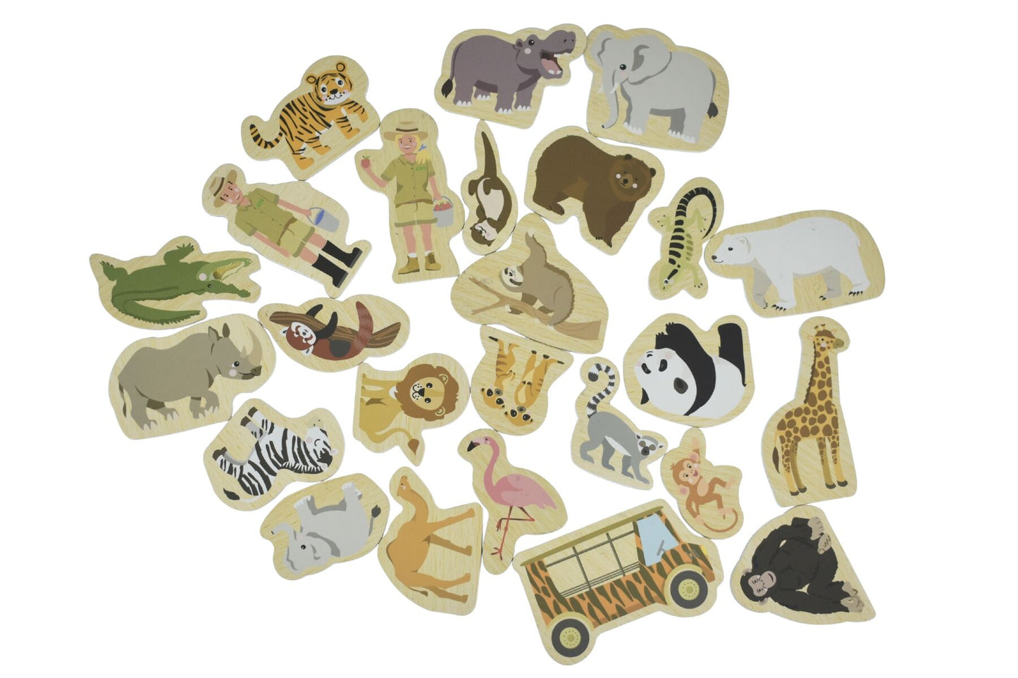 Collection of wooden animal stickers on a white background