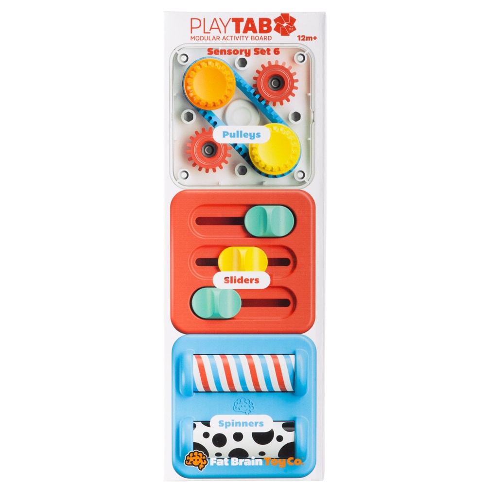 PlayTAB sensory set packaging with gears, sliders, and spinners on a white background