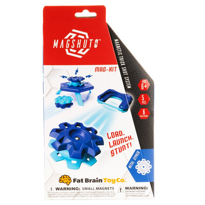 MagShuto magnetic track toy set packaging with blue components and red label.