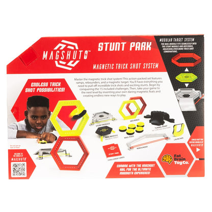 Magshimo Stunt Park magnetic trick shot system packaging with a child playing with toys.