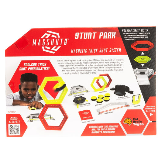 Magshimo Stunt Park magnetic trick shot system packaging with a child playing with toys.