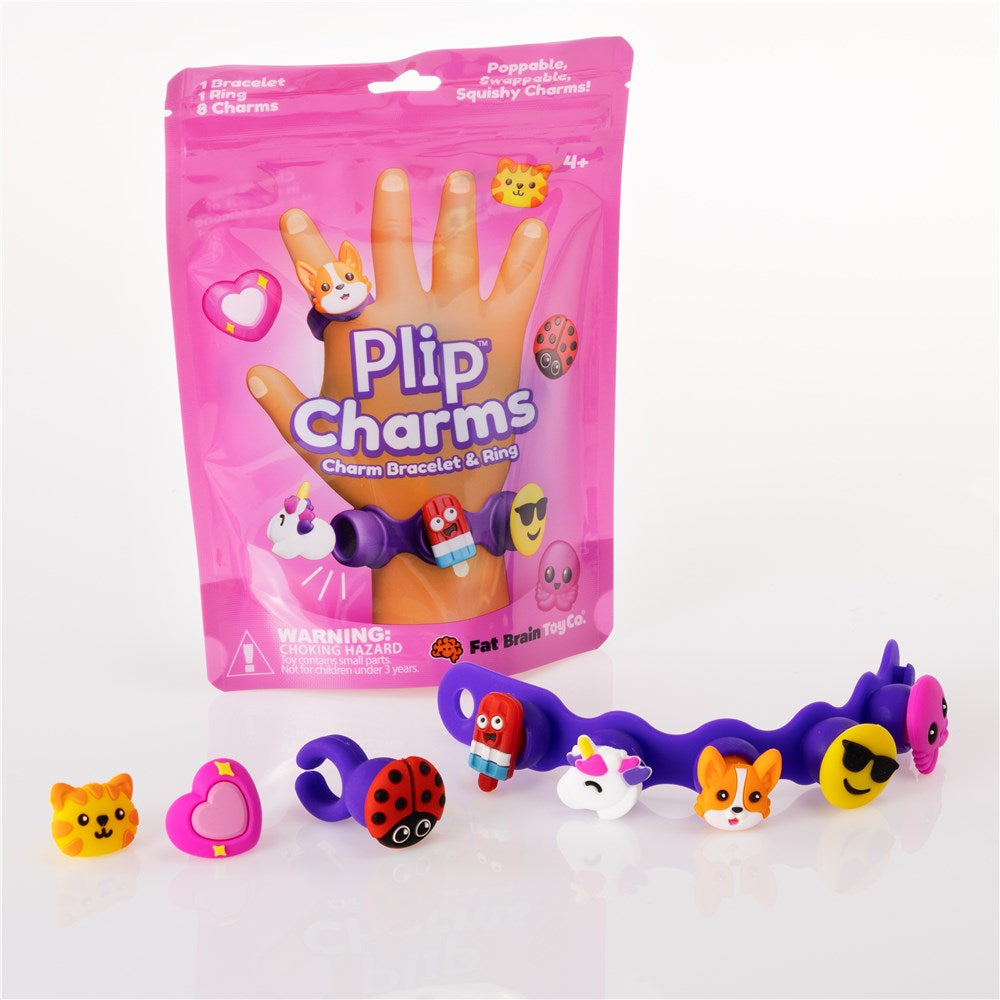 Plip Charms packaging with bracelet and charms on a white background