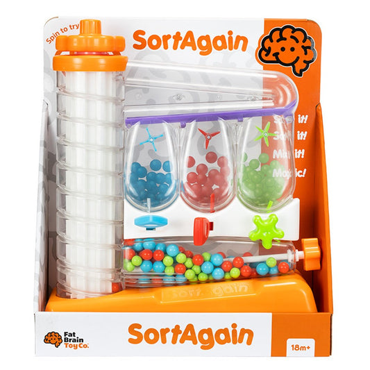 SortAgain educational toy packaging with colorful beads and sorting mechanism.