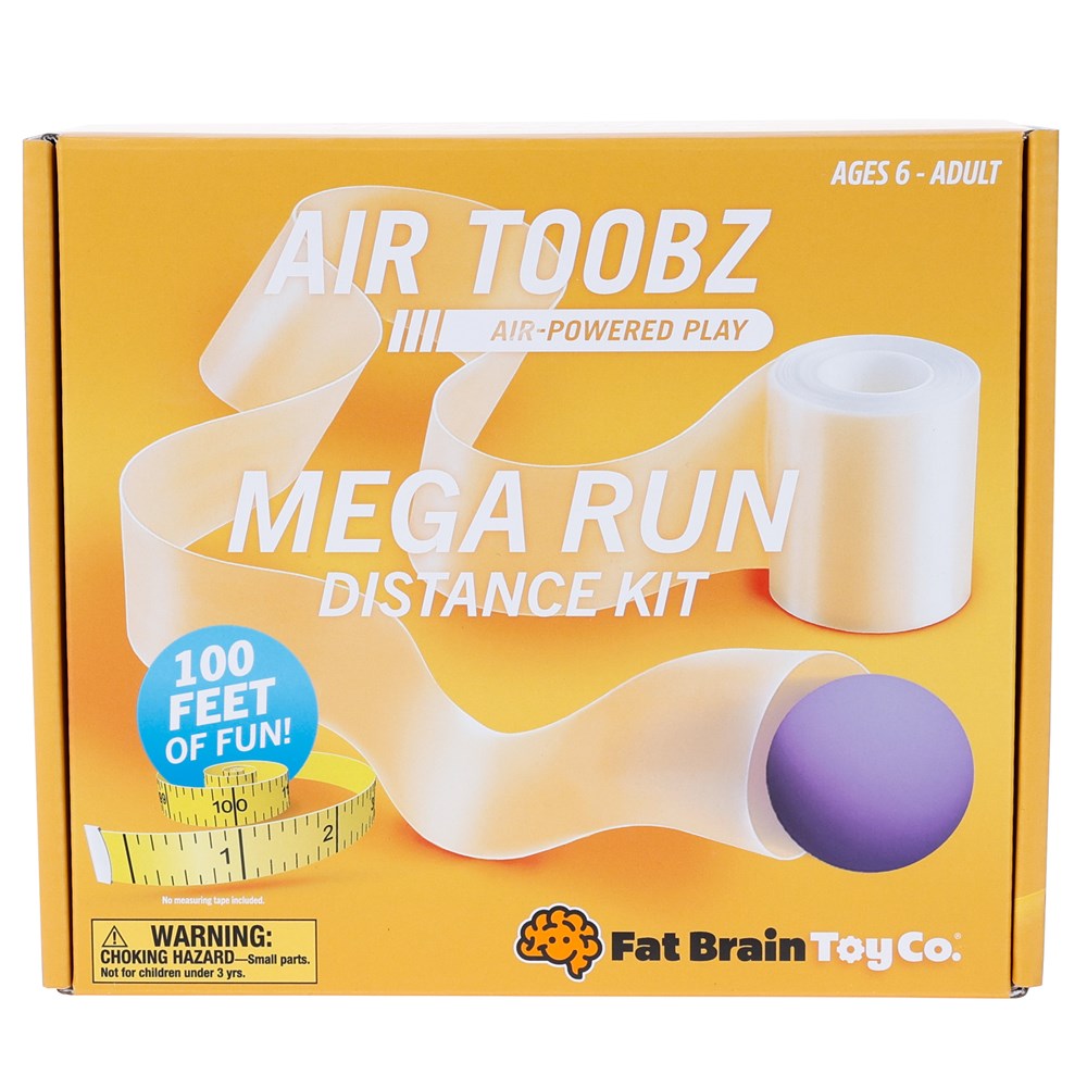 Box of Air Toobz Mega Run Distance Kit with a purple ball and white tubes on a yellow background.