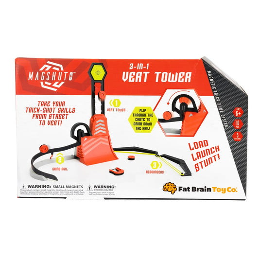 Magshuta 3-in-1 Vert Tower toy set in its original retail packaging, featuring a red and white box with product illustrations and the Fat Brain Toy Co. logo.