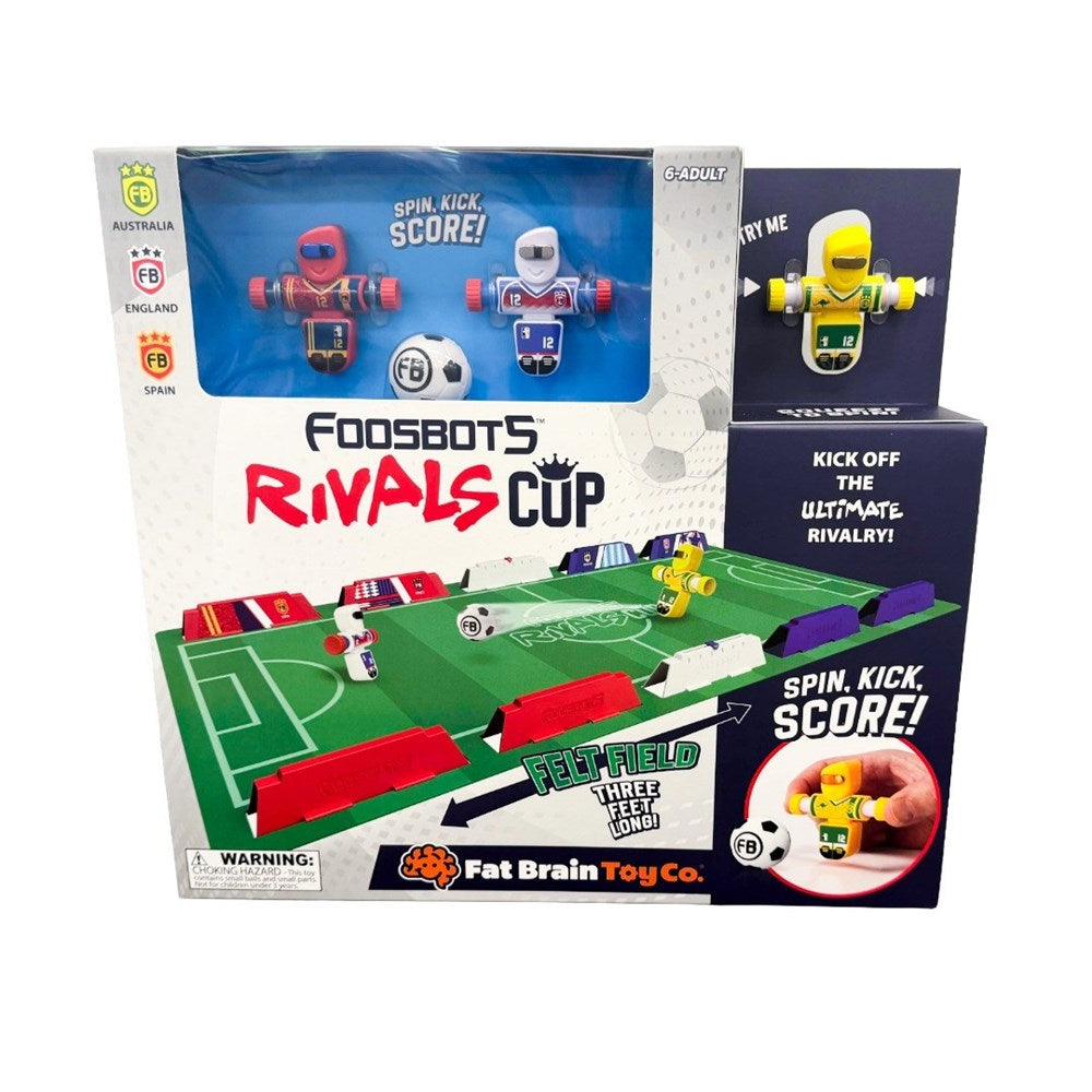 Foosbots Rivals Cup packaging with toy figures and game board on a white background
