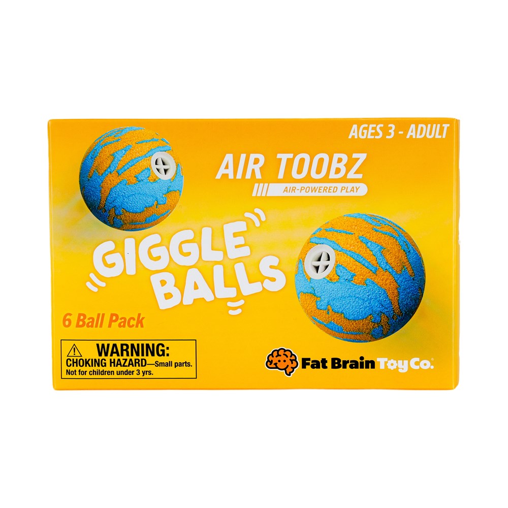 Front of the Fat Brain Toy Co. Air Toobz Giggle Balls packaging, showing a bright yellow box with two blue and orange striped air-powered balls and product text including '6 Ball Pack' and 'Ages 3 - Adult'.