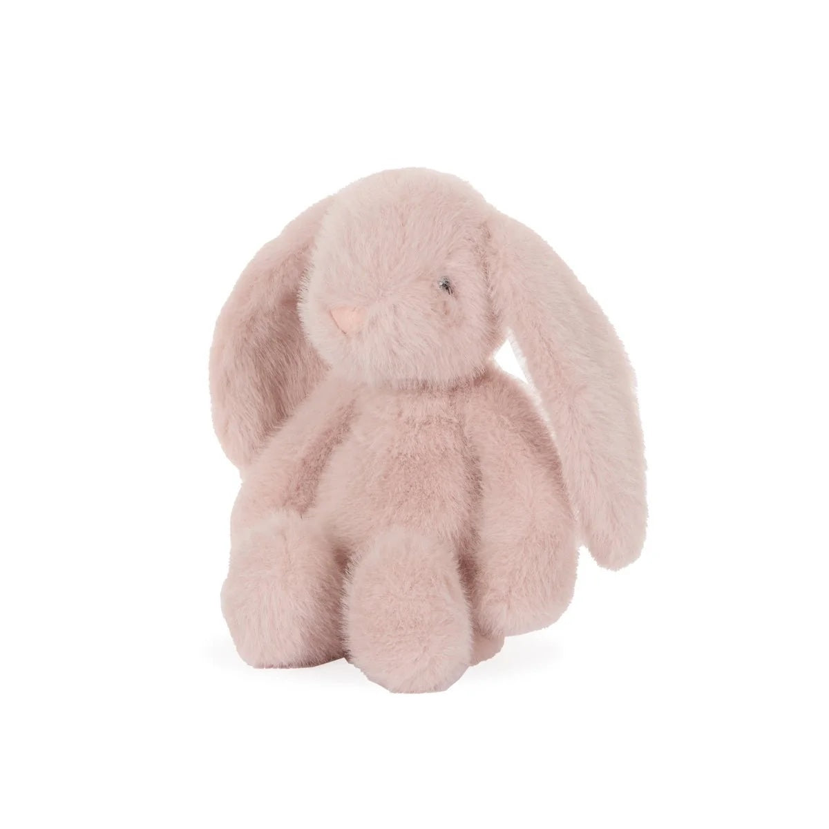 Fluffy pink bunny toy on a white background