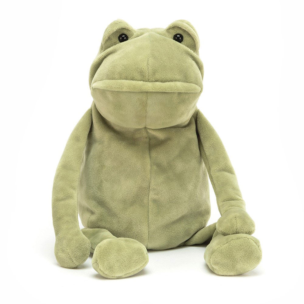 Green plush frog toy on a white background