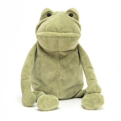 Green plush frog toy on a white background