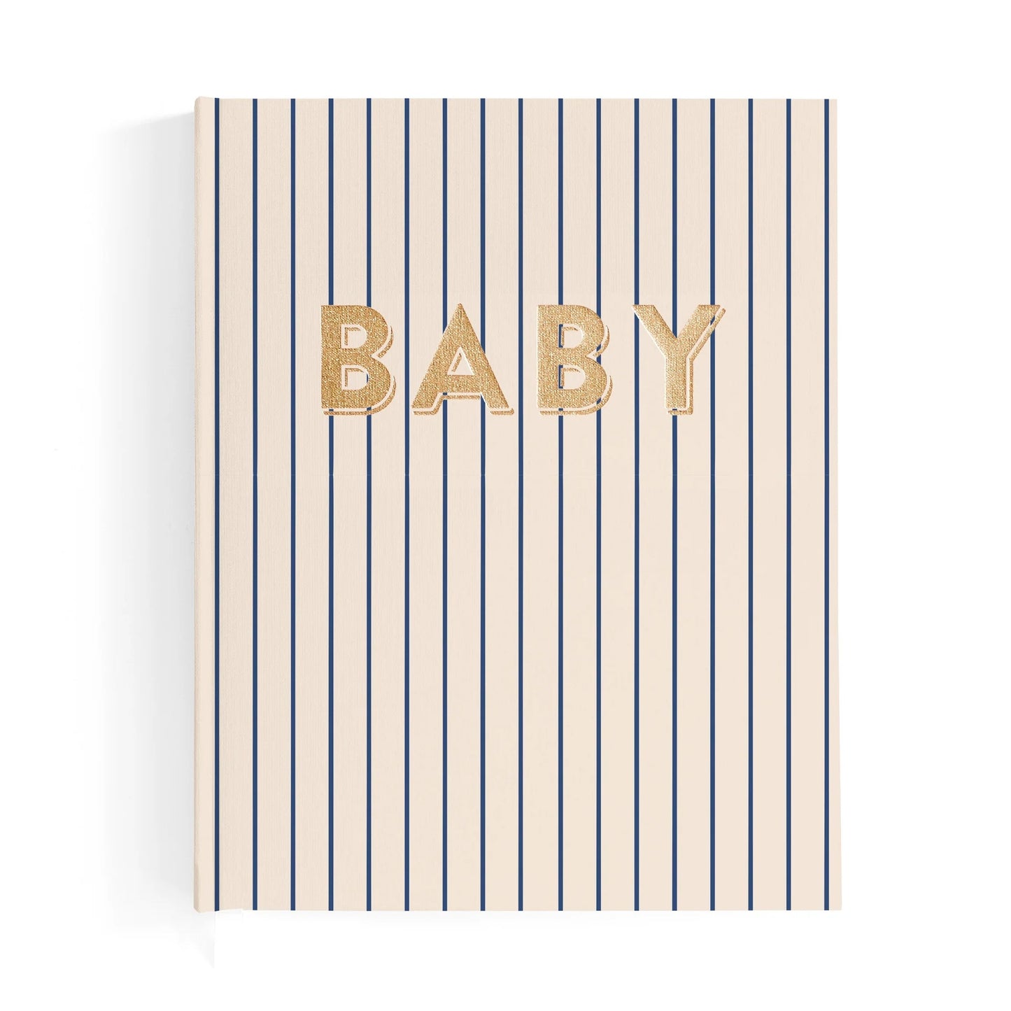 Striped notebook with 'BABY' in gold letters on a white background