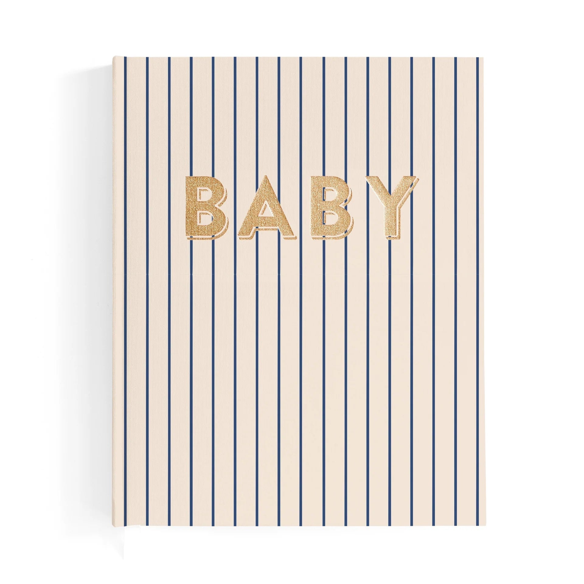 Striped notebook with 'BABY' in gold letters on a white background