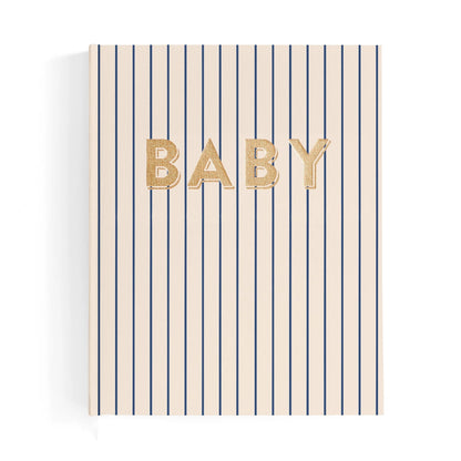 Striped notebook with 'BABY' in gold letters on a white background