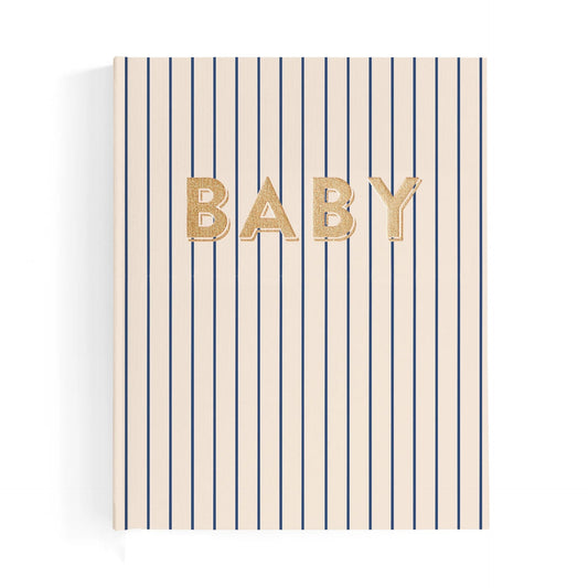 Striped notebook with 'BABY' in gold letters on a white background