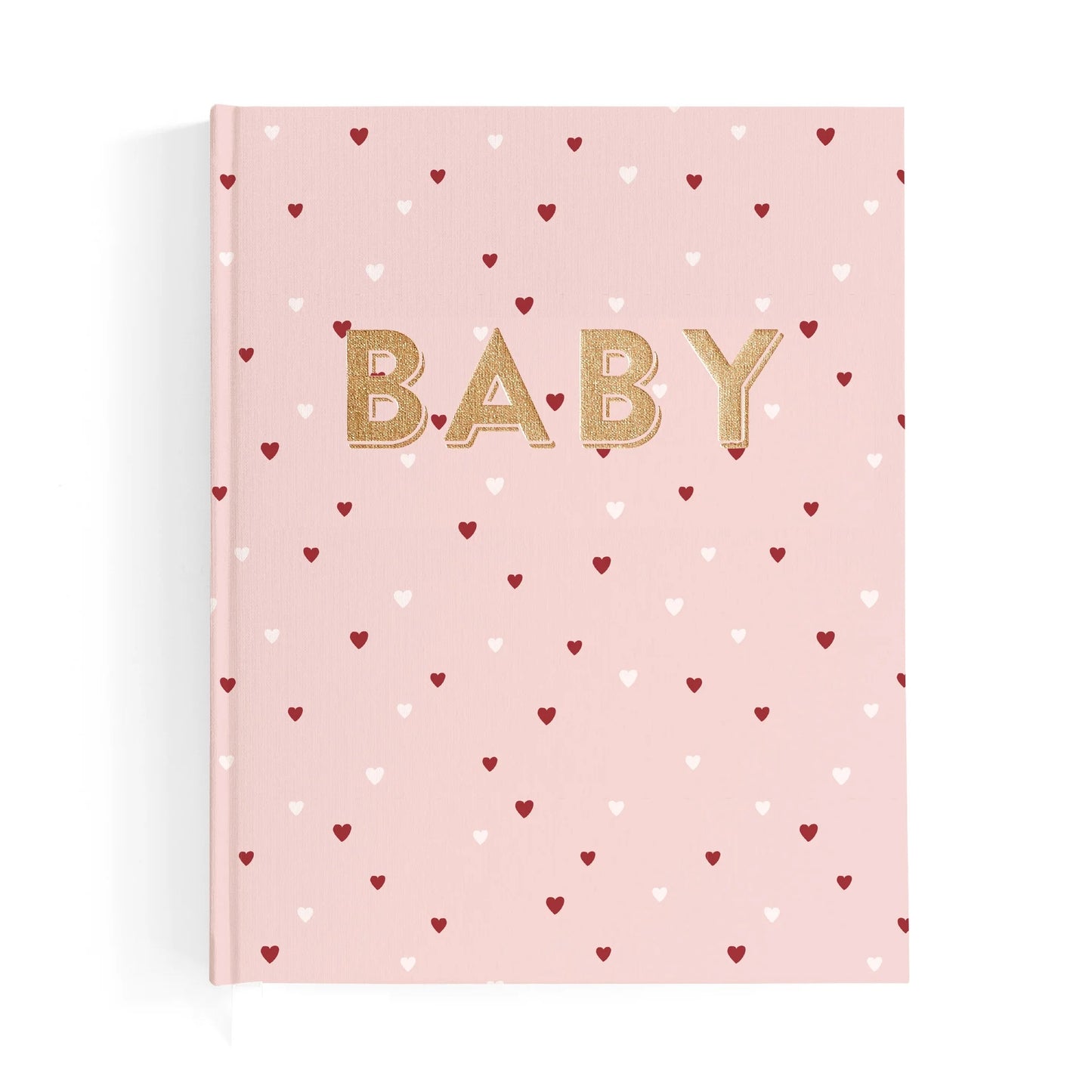 Pink book with gold 'BABY' text and heart patterns on a white background