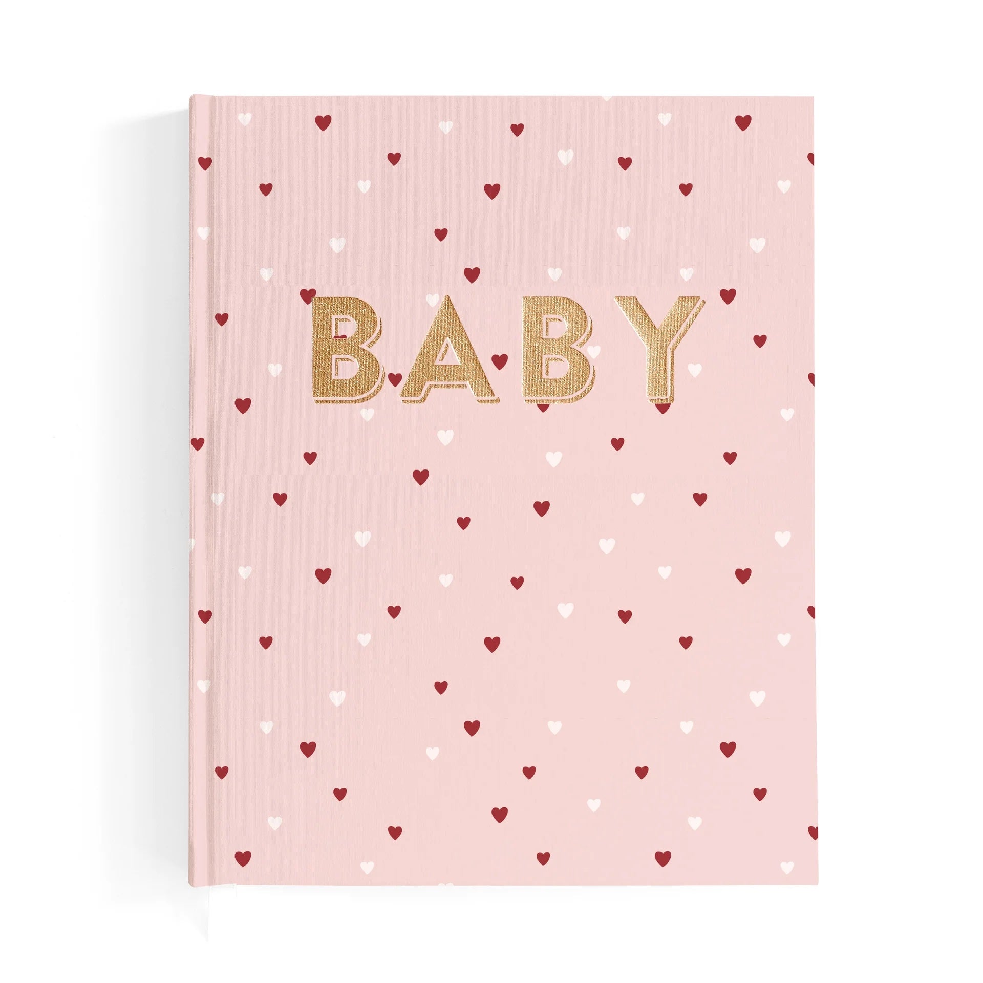 Pink book with gold 'BABY' text and heart patterns on a white background
