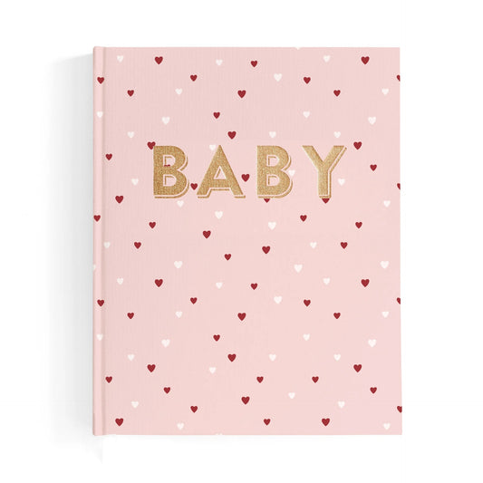 Pink book with gold 'BABY' text and heart patterns on a white background