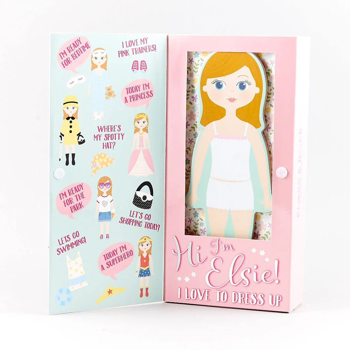 Doll with a pink packaging box featuring text and graphics on a white background