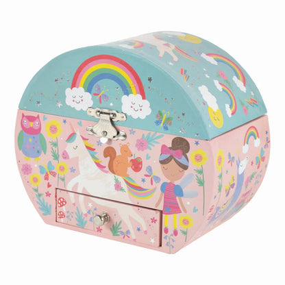 Children's jewelry box with colorful design featuring a girl, unicorn, and rainbow on a white background.
