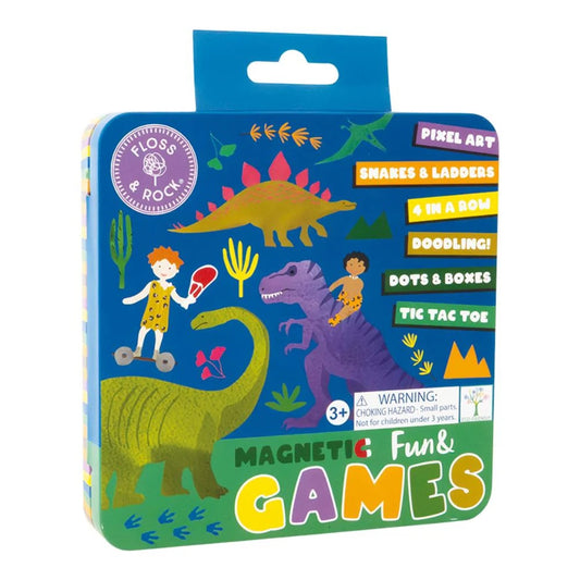 Packaging of Floss & Rock magnetic fun games with dinosaur illustrations on a white background