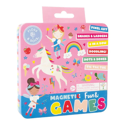 Pink packaging of a magnetic fun and games set with illustrations and text.