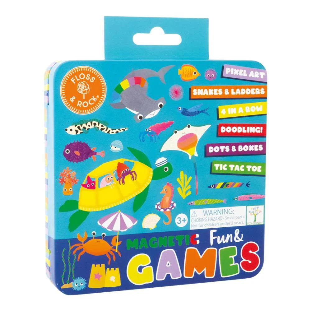 Packaging of Floss & Rock magnetic fun and games set with sea-themed illustrations.