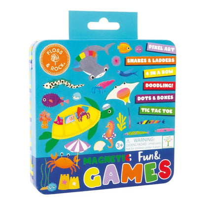 Packaging of Floss & Rock magnetic fun and games set with sea-themed illustrations.