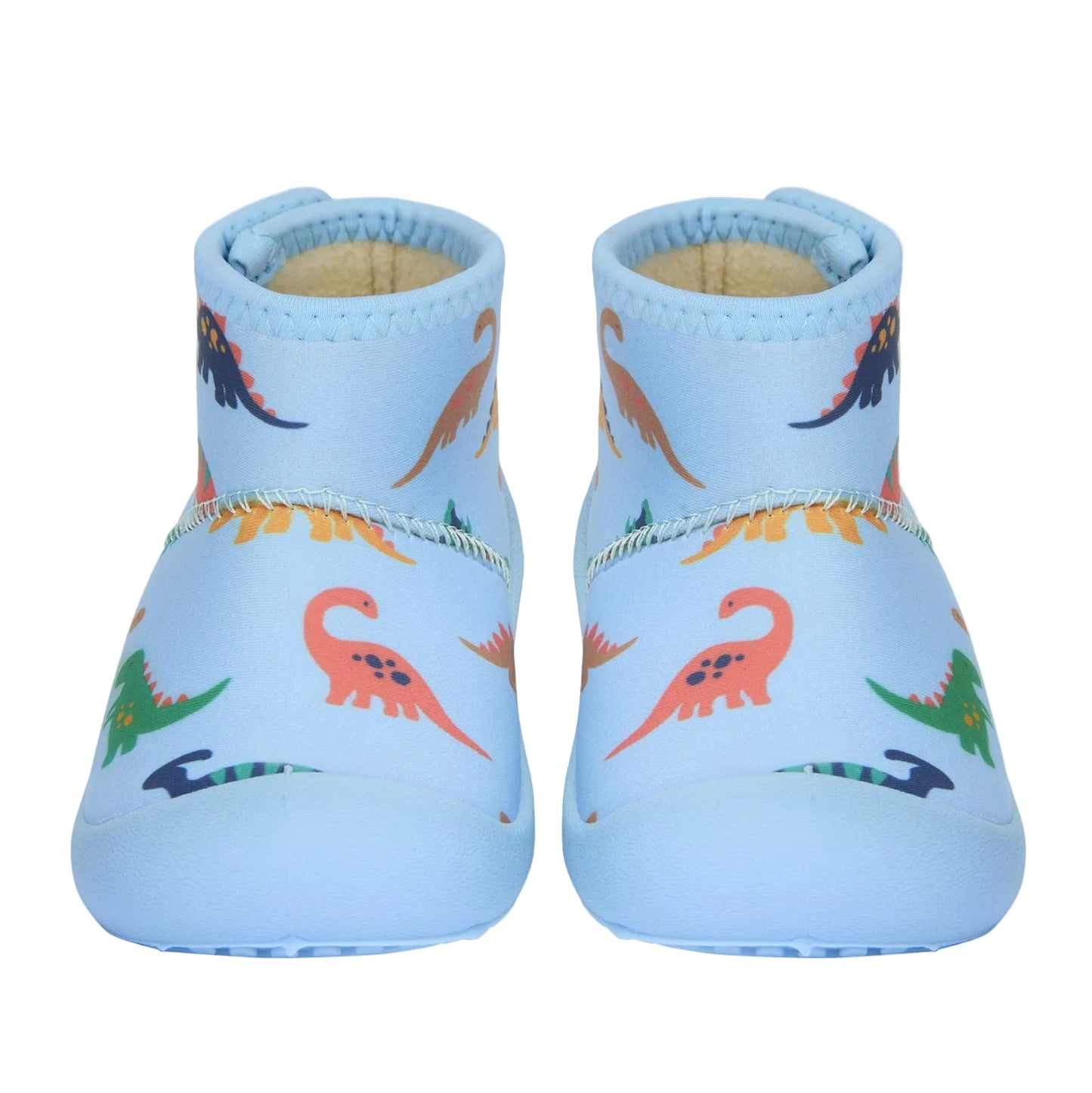 Pair of blue baby shoes with dinosaur pattern on a light gray background