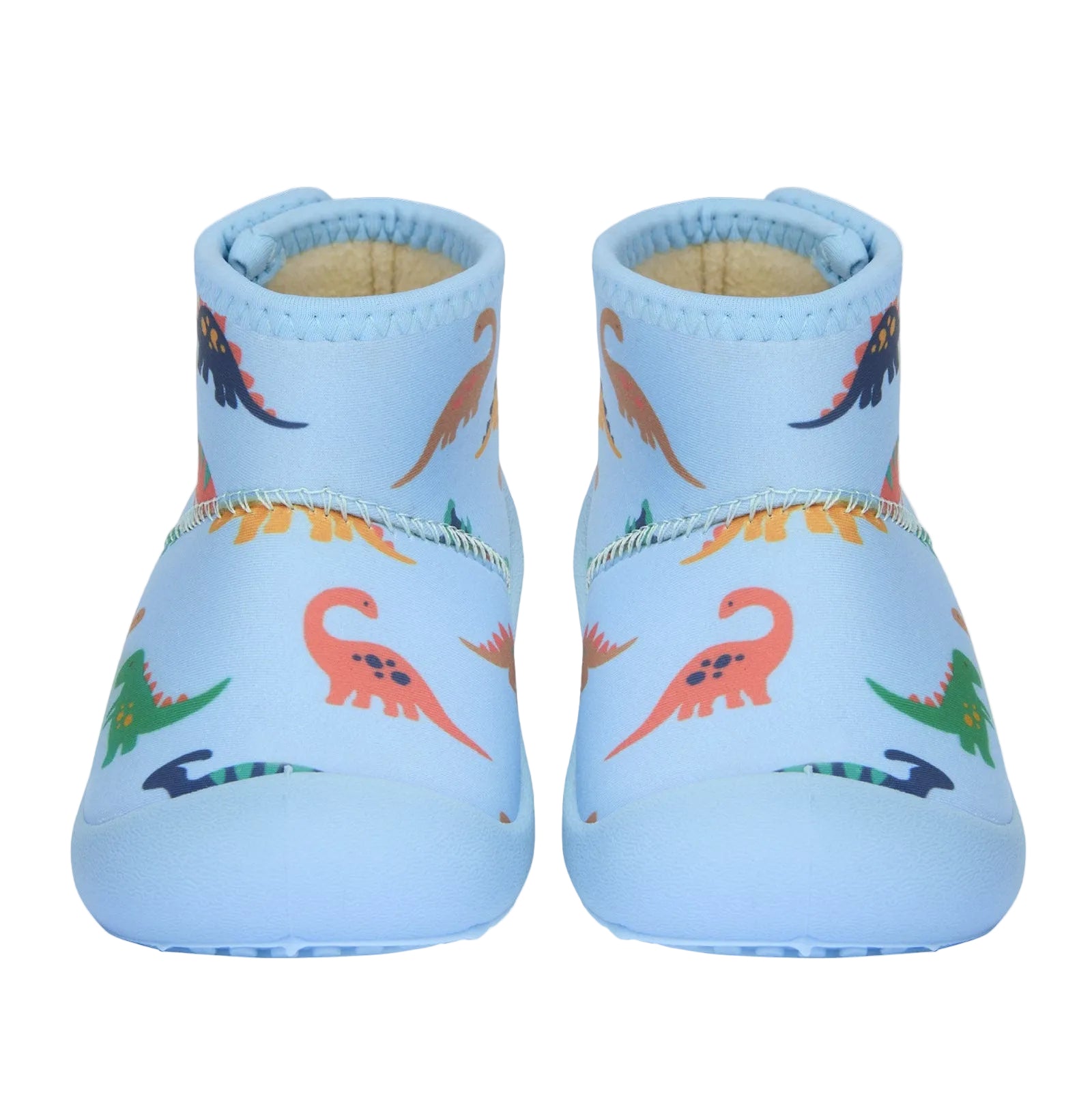 Pair of blue baby shoes with dinosaur pattern on a light gray background