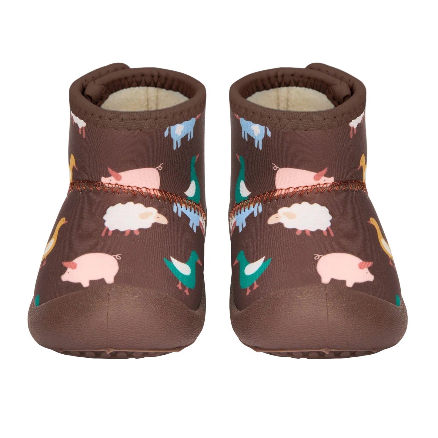 Pair of brown children's shoes with farm animal pattern on a white background
