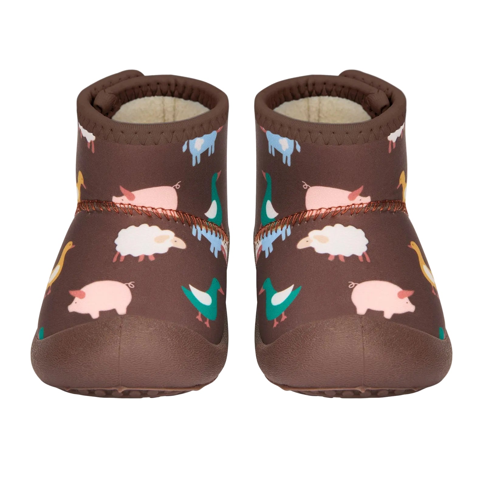 Pair of brown children's shoes with farm animal pattern on a white background