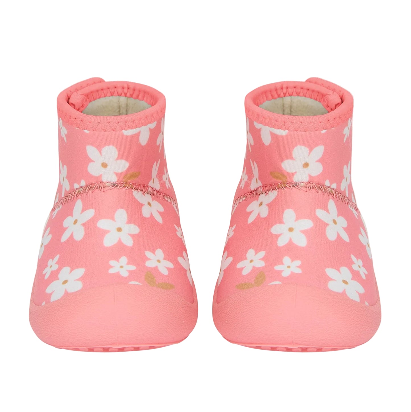 Pair of pink baby shoes with white floral pattern on a light gray background