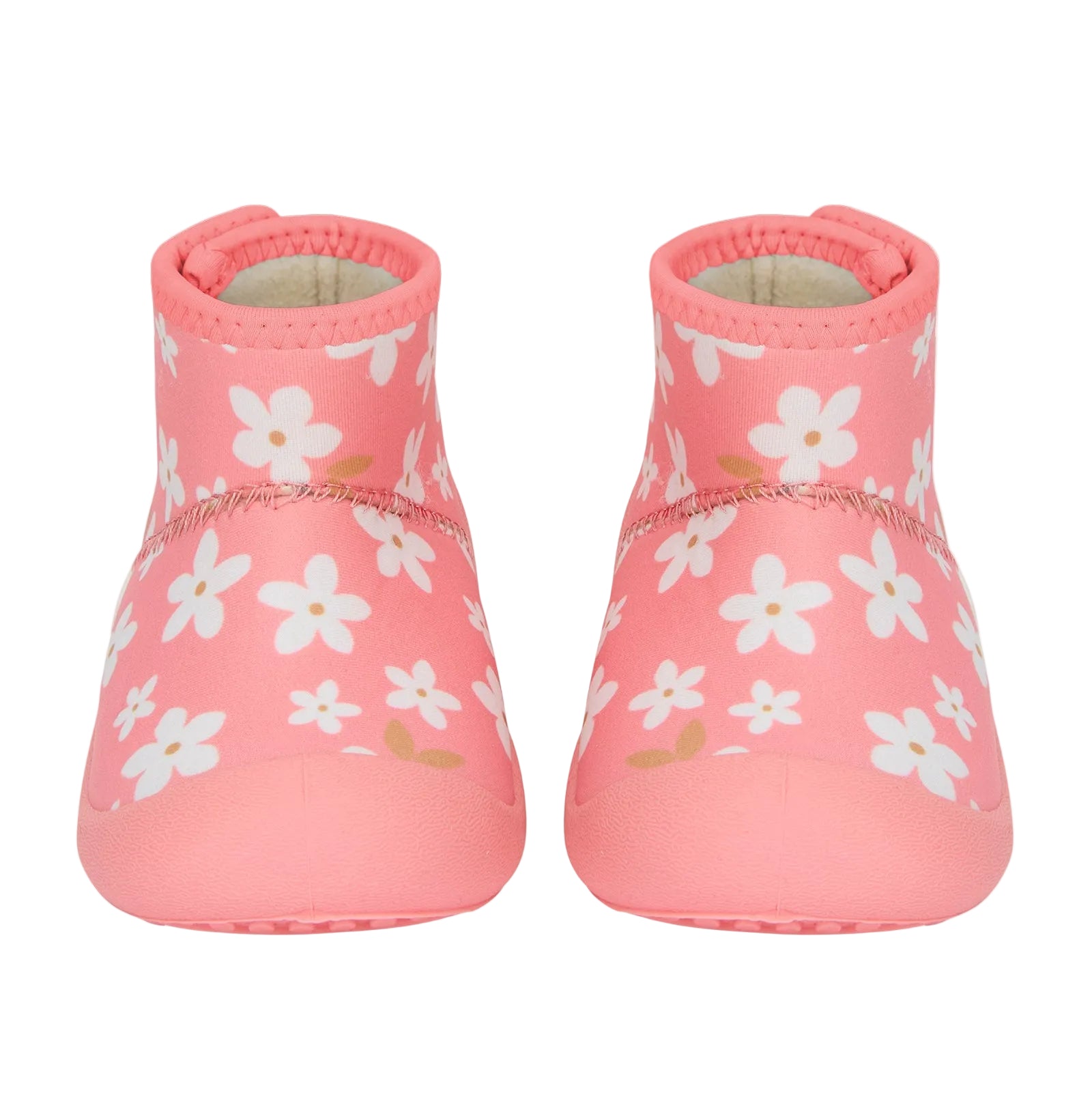 Pair of pink baby shoes with white floral pattern on a light gray background